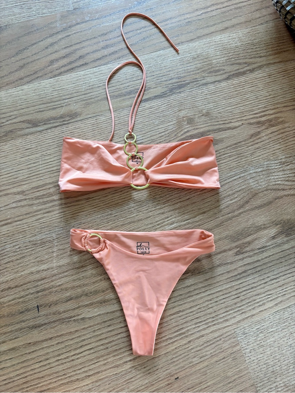 Oh Polly Peach Ring-Detail Bandeau Bikini Set